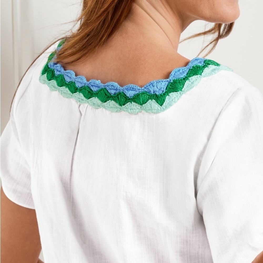 Talbots White Linen Blouse with Blue & Green Crochet Trim Sz 1X Petite - Picture 2 of 9